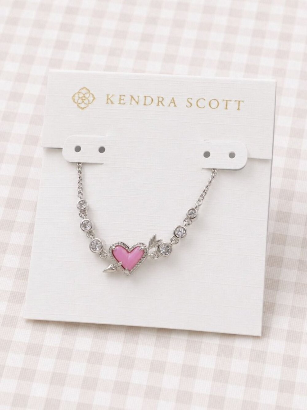 Kendra Scott Ari Heart Arrow Silver Tennis Bracelet - Pink Opalescent Resin